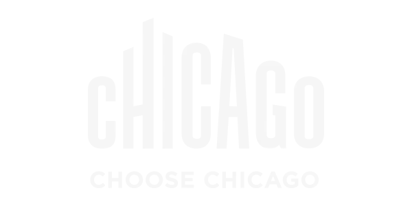 White pixelated text spelling "Chicago" with a stylized city skyline integrated into the letters; "city limits" appears below in smaller text. The background is black.