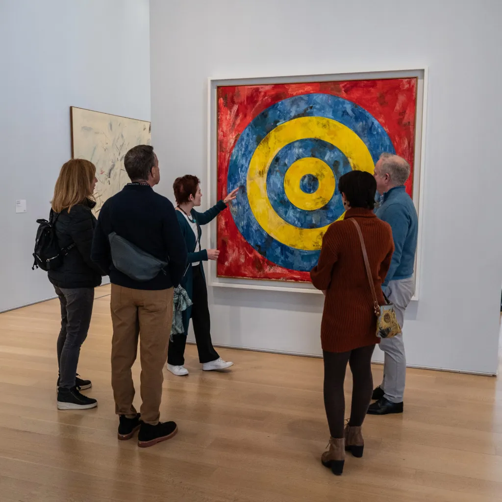 Five people stand in front of a large artwork featuring concentric yellow and blue circles on a red background in a gallery setting.